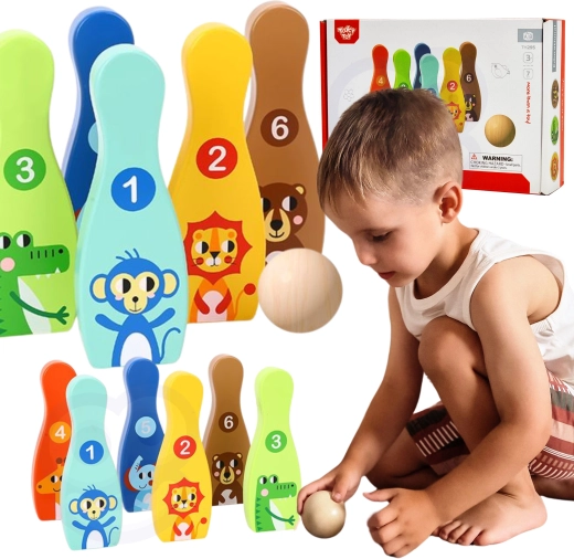 Lesene otroške keglje z živalicami 6 kos + žogica TOOKY TOY