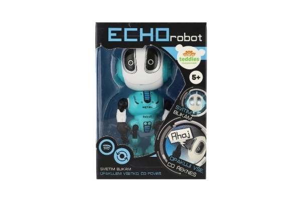 Robot ECHO ponavljajoče stavke kovinski 12cm modri na baterije s zvokom in svetlobo v škatli 10,5x15x5,5cm
