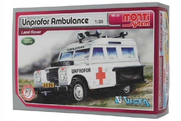 Komplet Monti Sistem MS 35 Reševalno Vozilo Unprofor Land Rover 1:35 v škatli 22x15x6cm