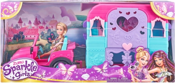 Punčka SPARKLE GIRLZ z džipom in kamp prikolico 26,5 cm
