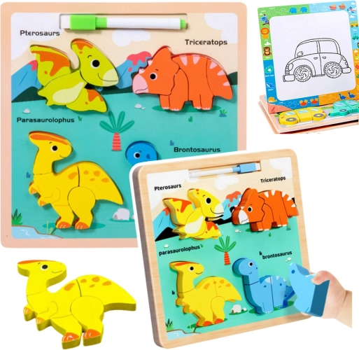 Lesena izobraževalna sestavljanka Dinozavri z risalno tablo