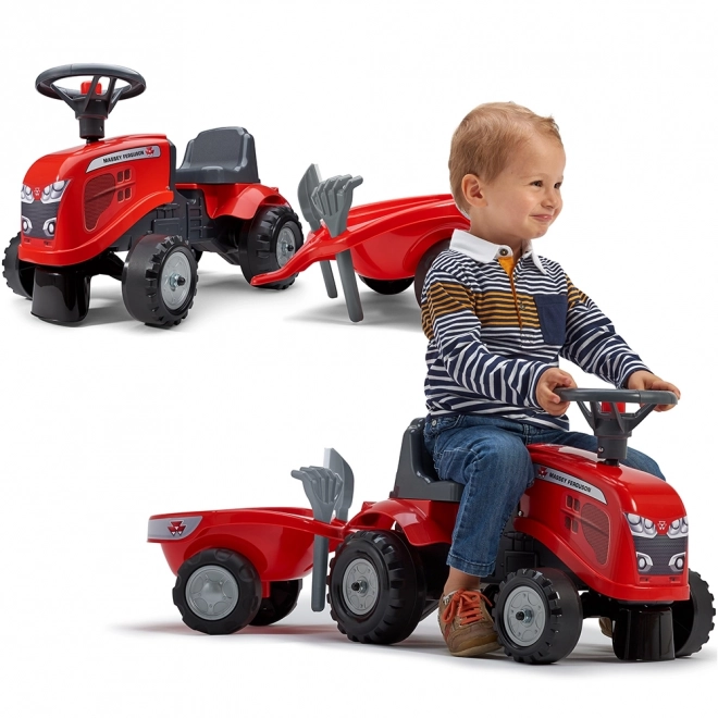 Poganjalec traktor Massey Ferguson rdeč s volanom in prikolico