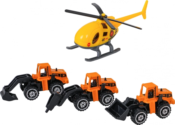 3 kovinska gradbena vozila in helikopter