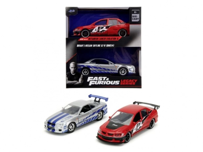 Hitri in drzni Twin Pack 2006 Mitsubishi Lancer Evo IX + Brianov 2002 Nissan Skyline GTR R34, 1:32 Val 4/2
