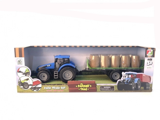 Traktor z vztrajnikom in prikolico polno sena
