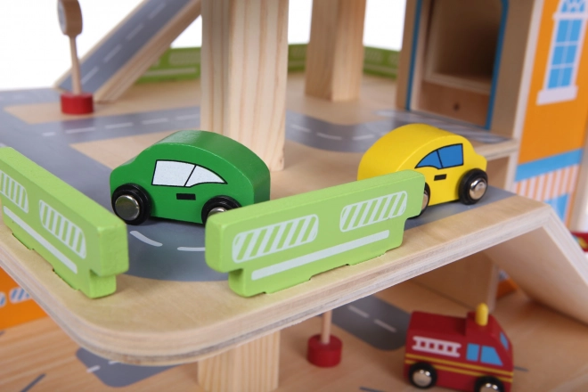 Lesena garažna steza z dvigalom + avtomobilčki Ecotoys