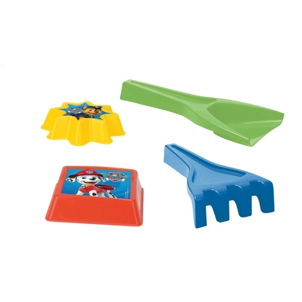 Set za pesek 4 kosi plast lopatka, grabljice, 2 kosi modelčkov Pasja patrulja 4 barve v mreži