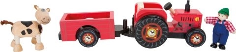Leseni vlečni traktor s kmetom in kravo small foot