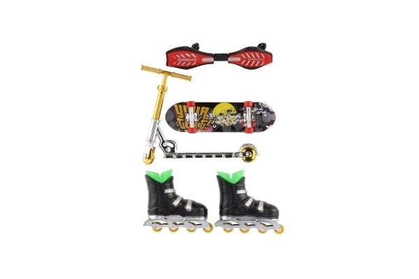 Set skateboard, waveboard, rolerji, prstni skiro plastični mix vrst na kartici 16x30cm