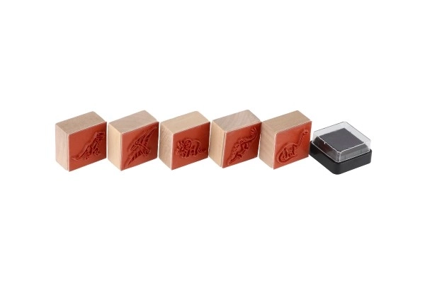 Leseni žigi 5+1 s blazinico dinozavri 3x3cm na kartonu