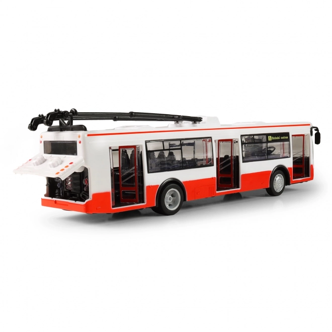 Trolejbus slovensko govoreči plast 29cm rdeč brezplačna vožnja na baterijah s svetlobo in zvokom v škatli 33x11x10cm