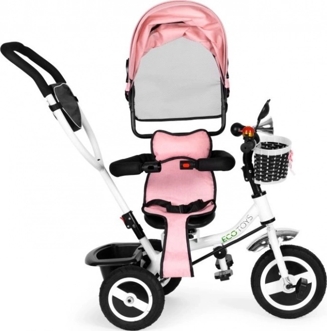 ECOTOYS Tricikel s streho in vodilno palico roza