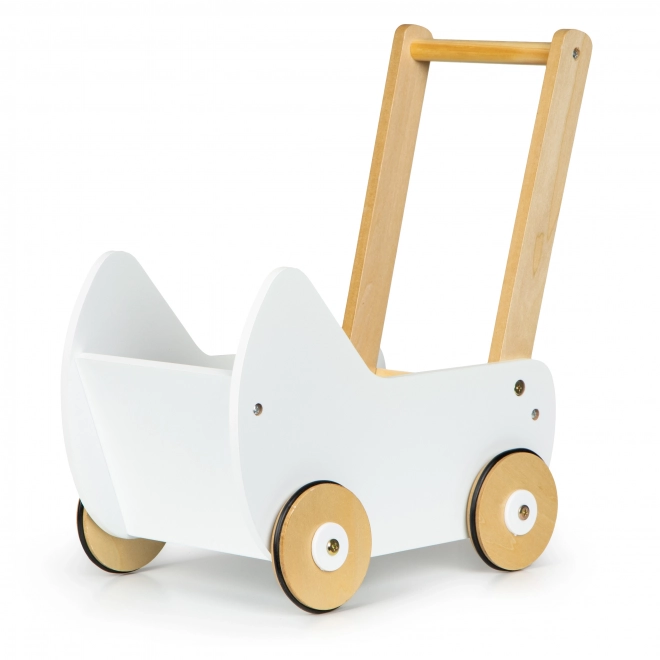 ECOTOYS Leseni voziček za lutke beli