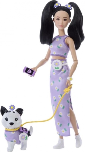barbie dvojni outfit rože – punčka s kužkom in dodatki