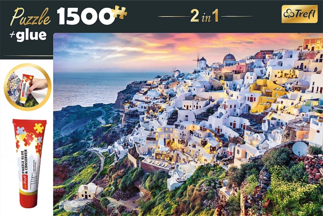 Trefl Komplet 2v1 Puzzle Čudovit Otok Santorini Grčija 1500 Kosov z Lepilom