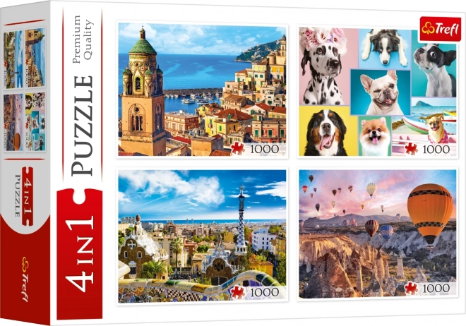 Trefl Puzzli 4x1000 Kosov - Amalfi, Pasji Portreti, Baloni nad Kapadokijo in Park Güell