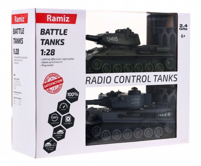 Daljinsko vodena 2 rezervoarja T-34 proti Tigru za otroke 3+ Strelni modeli 1:28 + Velika tankovska bitka + Svetlobni zvoki