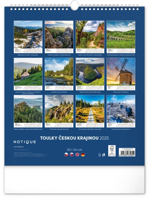 NOTIQUE Stenski koledar Pohodniške poti po Češki krajini 2025, 30 x 34 cm