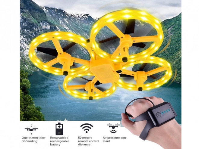 Dron upravljan z gestami rok + daljinsko upravljanje Kvadrokopter RC0573 – Rumena
