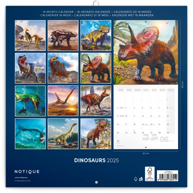 NOTIQUE Koledar z opombami Dinosavri 2025, 30 x 30 cm