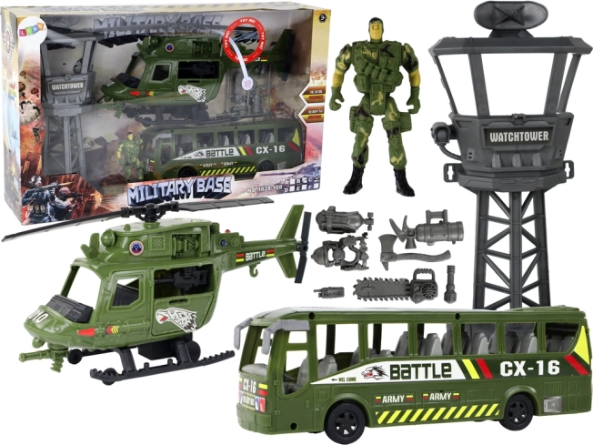 Vojaški set s helikopterjem, bojnim vozilom, kontrolnim stolpom in figurico vojaka
