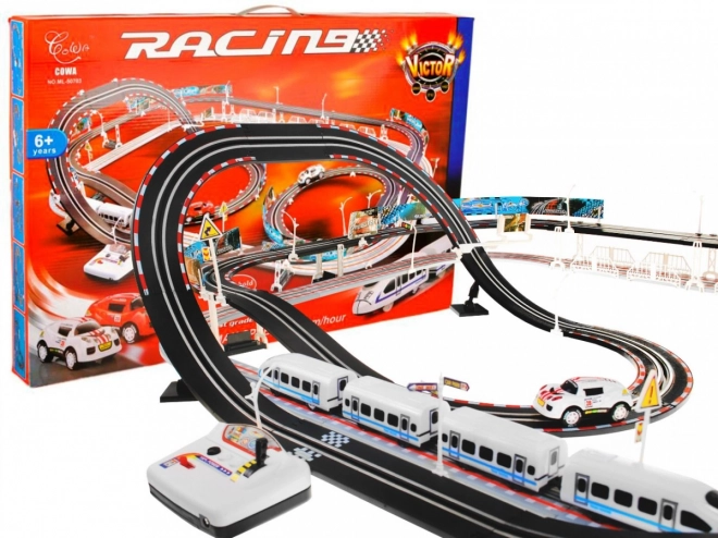 Električna železnica Racetrack 2v1 za otroke 6+ z daljinskim upravljanjem + lokomotive + vagoni + avtomobilčki