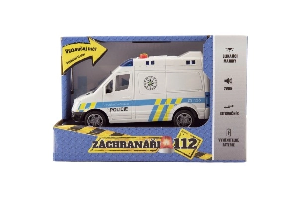 Avto policija kombi plastika 15cm na vztrajnik na baterije z zvokom in lučjo v škatli 19x13x9cm