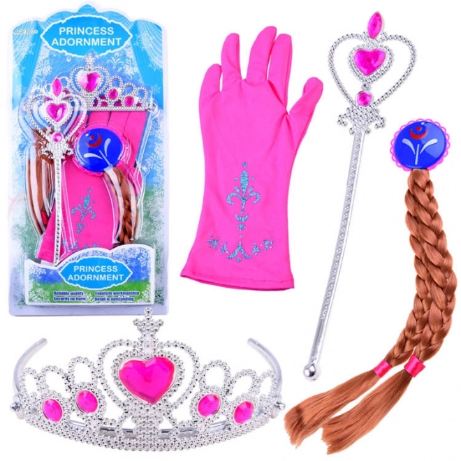 Kostumski set Princesa s krono in pletenico – Rožnata