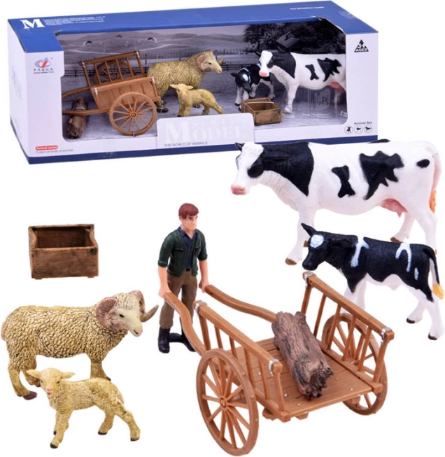 Komplet figuric kmetija – krava, teliček, oven, ovčka in kmet z živalsko ogrado – C