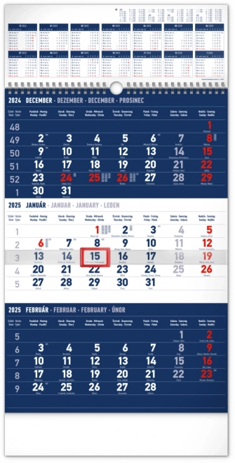 NOTIQUE Stenski koledar 3-mesečni standard modri – z letnim pregledom 2025, 29,5 x 43 cm