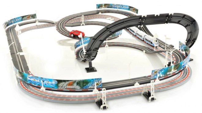 Električna železnica Racetrack 2v1 za otroke 6+ z daljinskim upravljanjem + lokomotive + vagoni + avtomobilčki