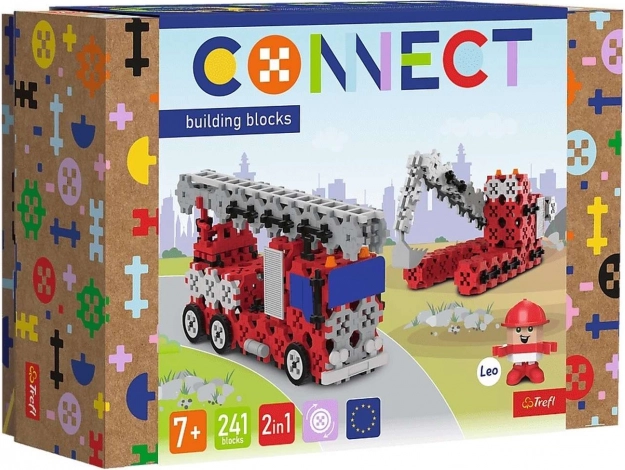 Konstrukcijski set Connect 2v1: gasilsko vozilo in gosenični bager