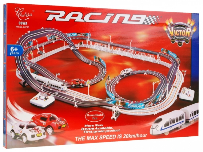 Električna železnica Racetrack 2v1 za otroke 6+ z daljinskim upravljanjem + lokomotive + vagoni + avtomobilčki