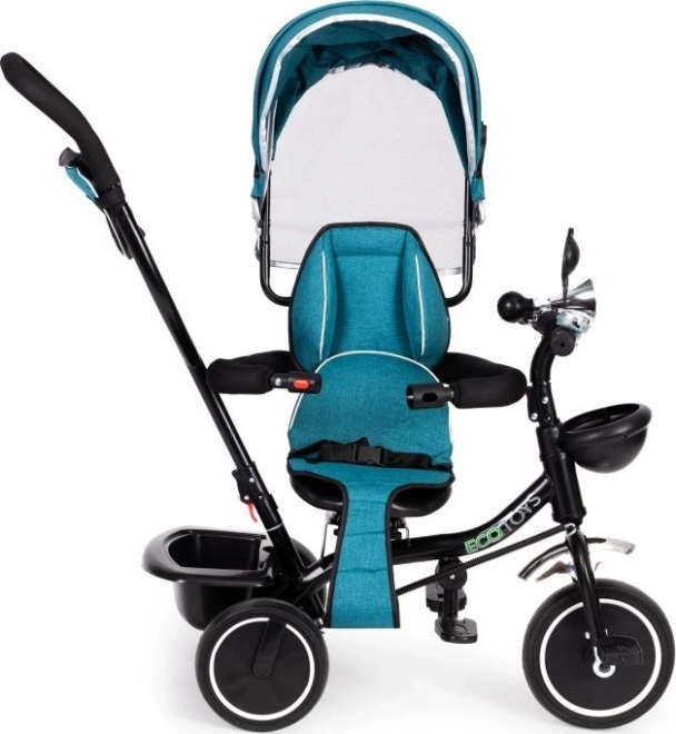 ECOTOYS Tricikel s streho in vodilno palico modrozelen