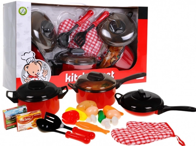 Rdeča kuharska garnitura + lonci + kuhinjski pripomočki + hrana - 22 delov