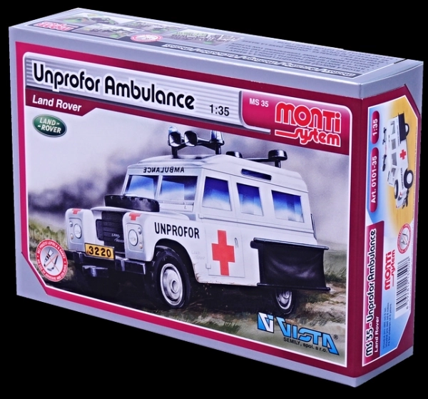 Komplet Monti Sistem MS 35 Reševalno Vozilo Unprofor Land Rover 1:35 v škatli 22x15x6cm
