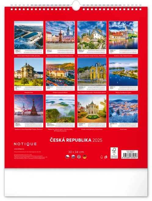 Stenski koledar NOTIQUE Češka republika 2025, 30 x 34 cm
