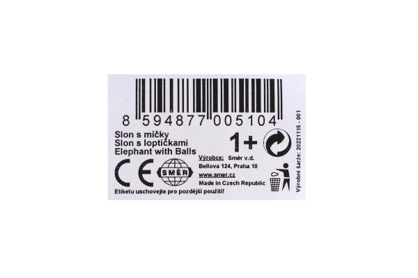 Slon z žogicami na vlečenje iz plastike 20x18x9,5 cm v vrečki 12m+