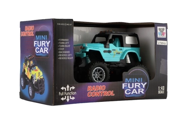 Auto RC terenski 14cm plast 27MHz na baterije s svetlobo v škatli 20x11x10cm – Turkizna