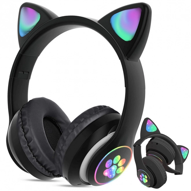 Brezžične slušalke bluetooth radio fm mp3 mačja ušesa led osvetlitev – črne
