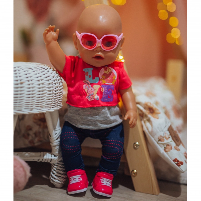 Modna oblačila za punčke LOVE s sončnimi očali in copatki 43-46 cm