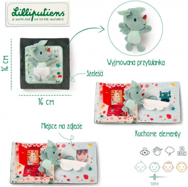 Tekstilna knjižica z mini ljubkovalnikom pok, pok – zmajček JOE od LILLIPUTIENS, 18 m+