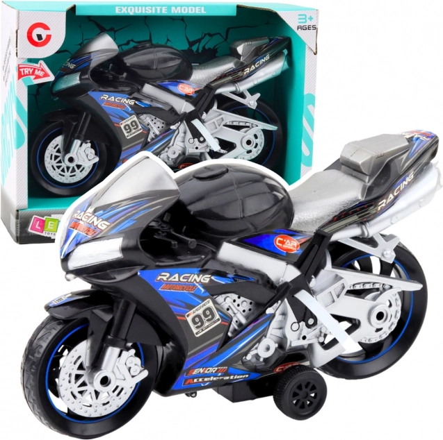 Črno-modri dirkalni motocikel z učinki svetlobe in zvoka