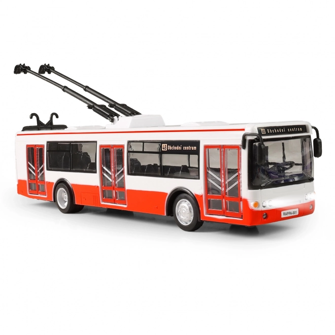 Trolejbus slovensko govoreči plast 29cm rdeč brezplačna vožnja na baterijah s svetlobo in zvokom v škatli 33x11x10cm