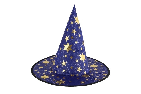 Otroški čarovniški klobuk premer 38cm modro-zlat v vrečki za karneval