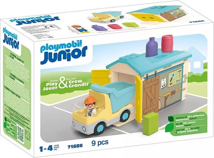 Komplet z figurico Junior – tovorno vozilo z garažo in sortirnikom oblik