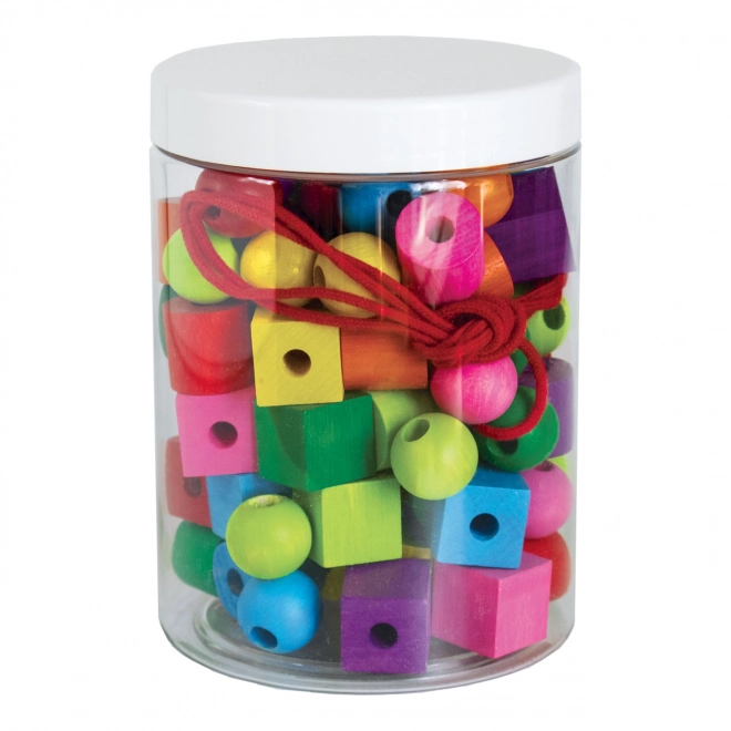 Maxi lesene pisane perle z vrvico 92 kos v plastični posodi 10x14cm