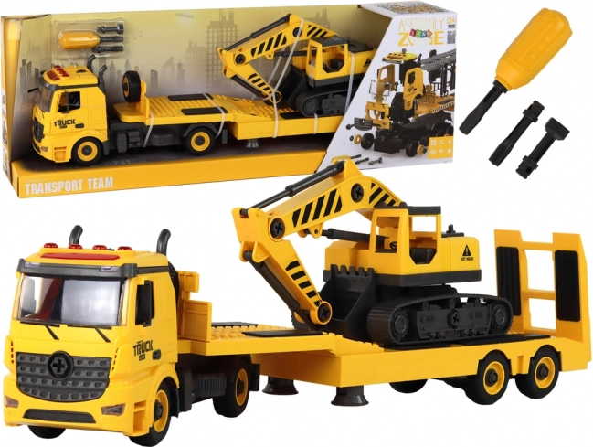 Zložljivi vlečni tovornjak z gosenčnim bagrom z lučmi in zvoki – rumeni DIY set