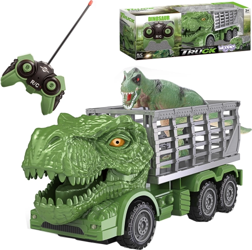 RC dino tovorno vozilo z zelenim T‑rexom in figurico WOOPIE