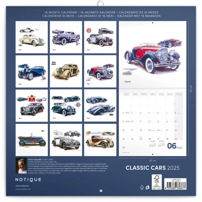 NOTIQUE Koledar s zapiski Classic Cars – Václav Zapadlík, 2025, 30 x 30 cm